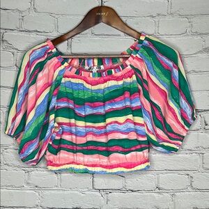 Joy Joy Pink Green Striped Shot Sleeve Cropped Top Size Small